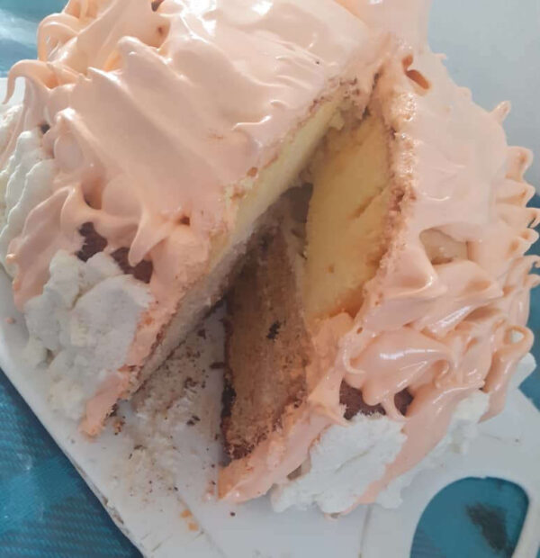 double sponge cake with butter and orange meringue and a cappuccino cake