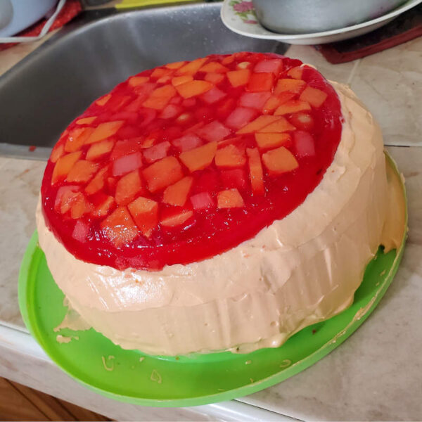 spongy vanilla cake with fruits and gelatin