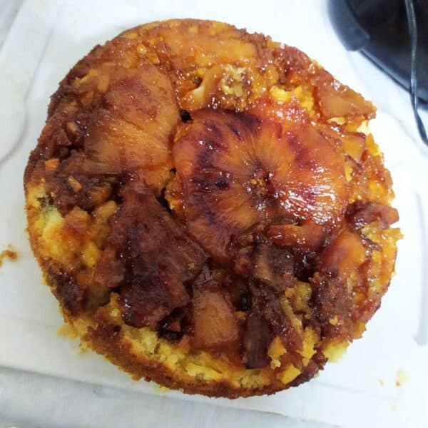 pineapple cake with pineapple pieces inside and caramelized pineapple